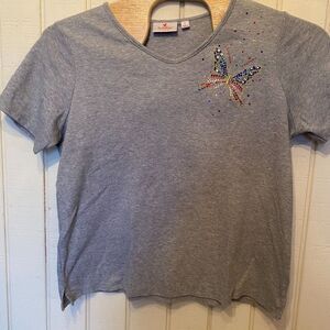 Quacker Factory T-Shirt Women's XL Gray Cotton V-Neck Rhinestones Butterfly
